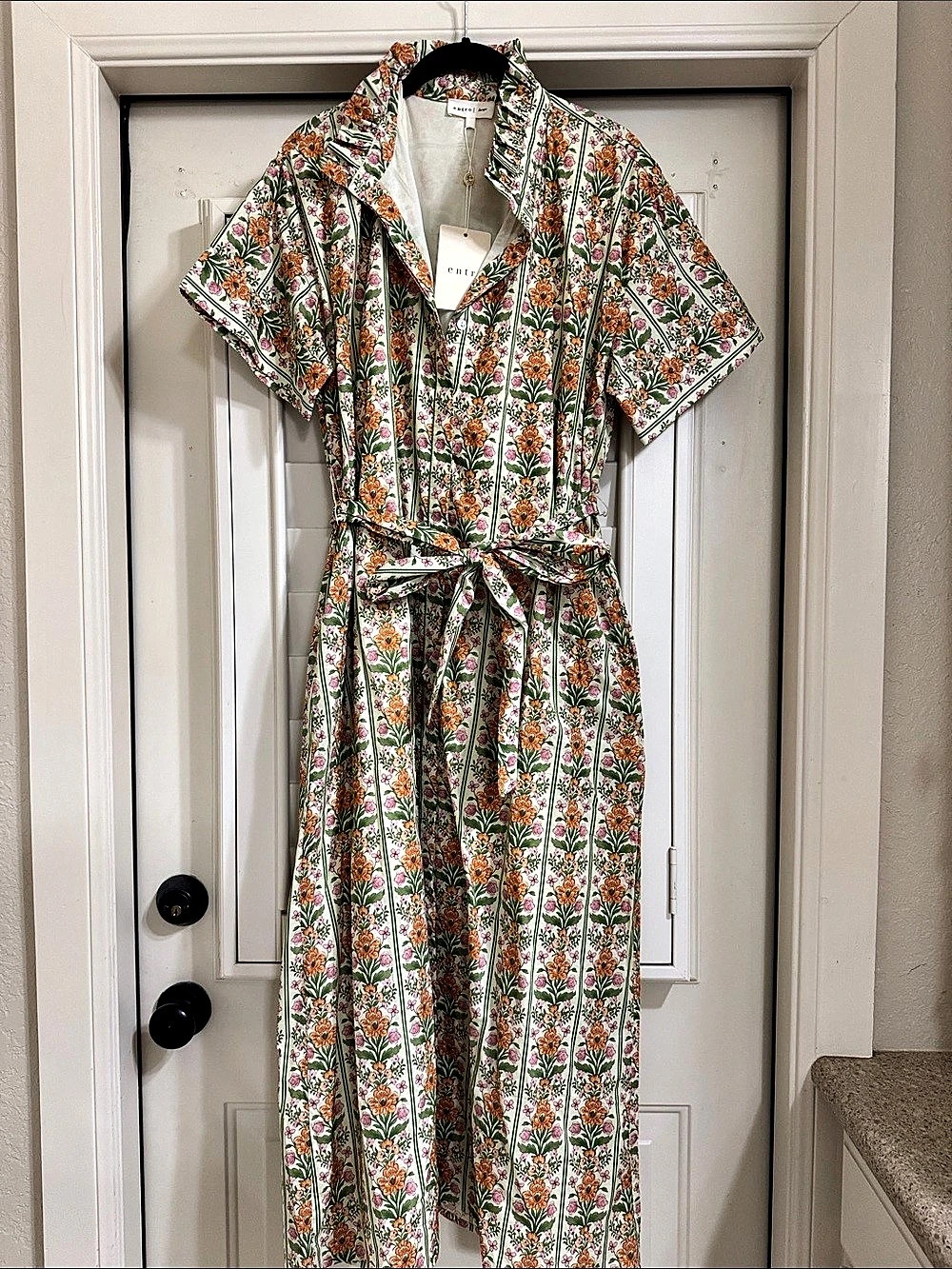 entro Green Floral Stripe Short Sleeve Midi Dress NWT